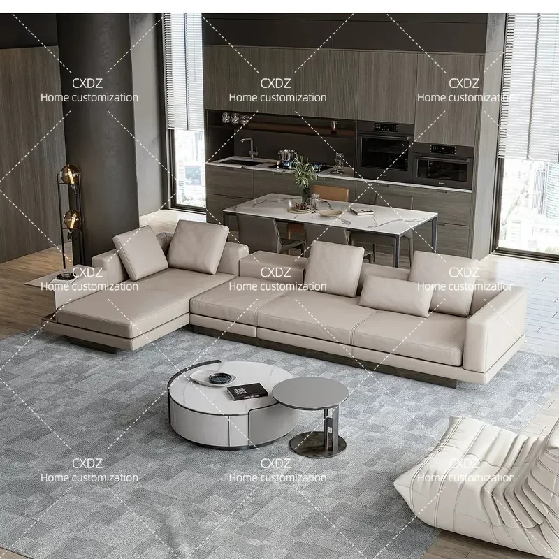 Corner Leather Sofa First Layer Cowhide Khaki Minimalist Light Luxury Living Room Modern Simplicity