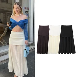 TRAF Women Knitted Skirt Fashion Pleated Spliced High Waist Skirts Casual Ankle-Length Women's Skirts