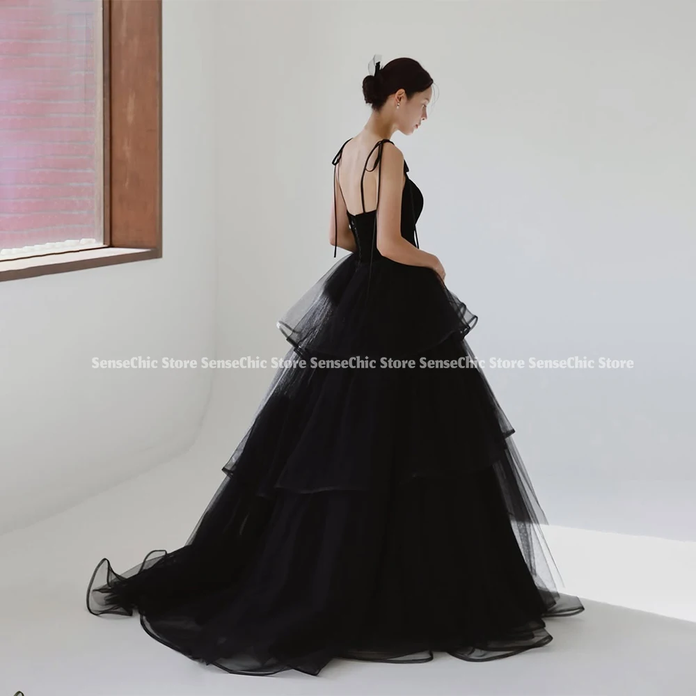 فساتين لحضور الحفلات الموسيقية للأميرة السوداء 2025 الكشكشة المتدرجة تول الكرة ثوب صورة تبادل لاطلاق النار السباغيتي الأشرطة الطبقات مشد الظهر مخصص