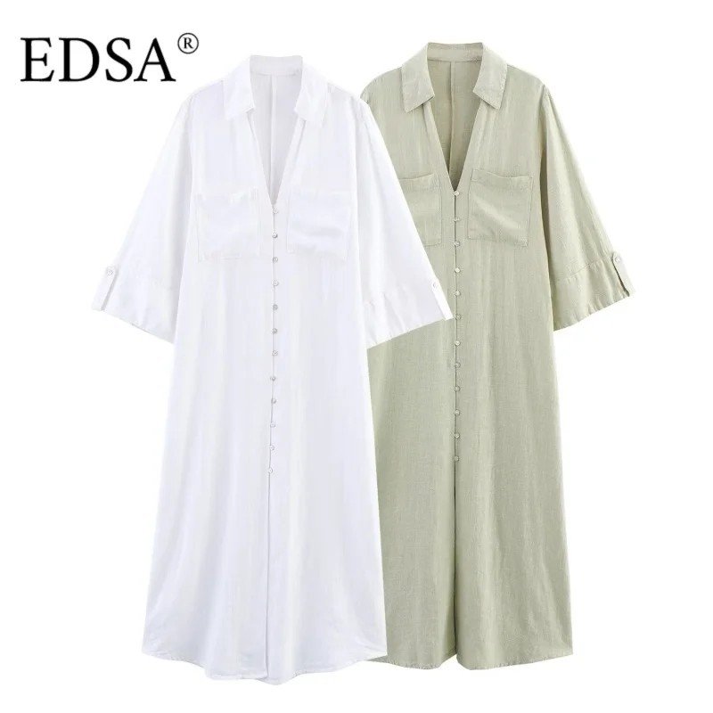 EDSA المرأة قميص كتان على غرار ميدي فستان التلبيب الياقة الخامس الرقبة طويلة الأكمام فتحات جانبية فساتين طويلة فضفاضة زر متابعة