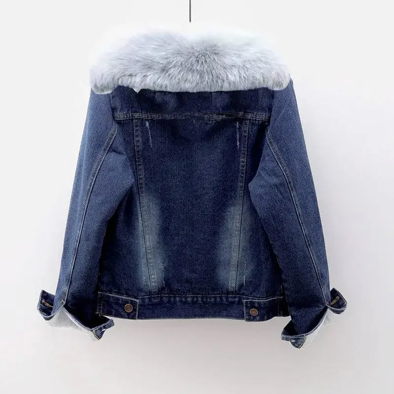 Autumn and Winter Jean Jackets Women's Plush Thickened New Warm Thick Wool Collar Fashion Versatile Outwear Female Denim Jacket