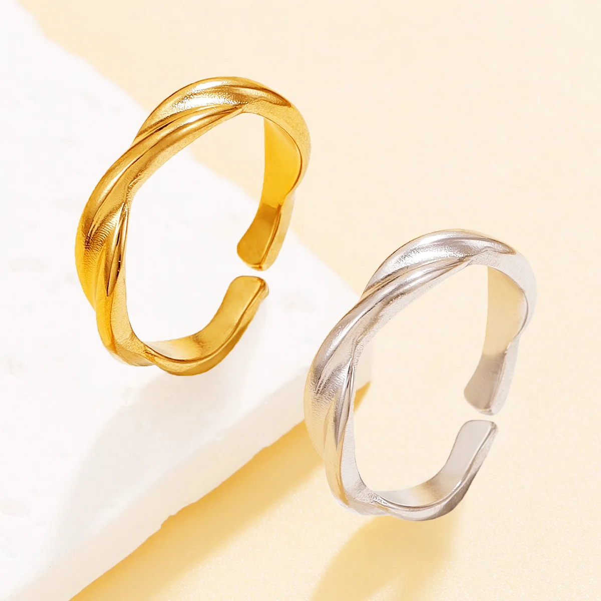 Luxury Twisted Geometry Open Ring Stainless Steel Gold Color Waterproof Adjustable Aesthetic Wedding Jewelry Gift for Women
