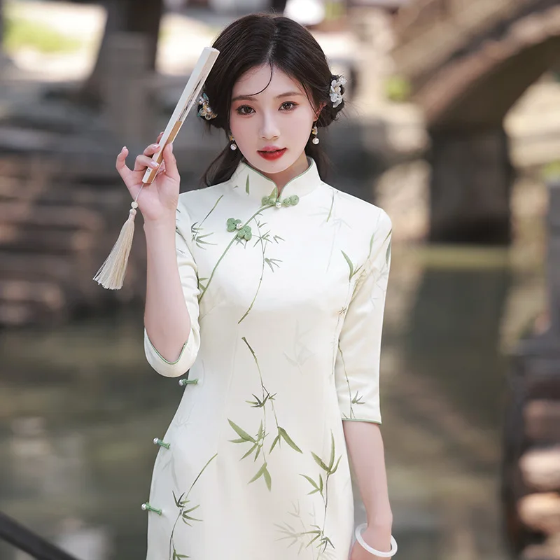 Cheongsam en tissu suédé Qipao imprimé bambou, col montant, manches mi-longues, fente latérale, robe couvertes, costume traditionnel chinois