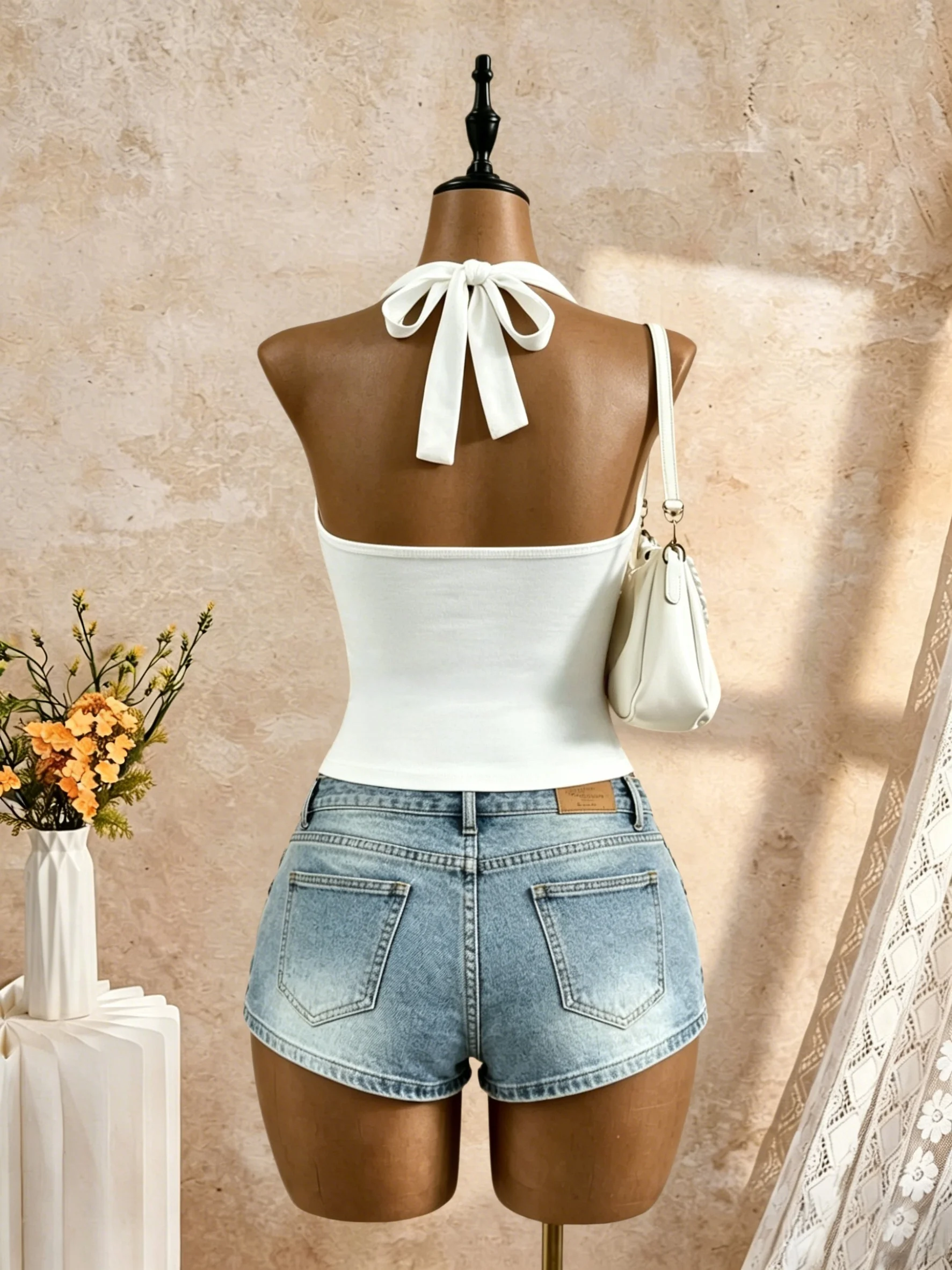 Damen Neckholder-Top mit tiefem V-Ausschnitt, Wickeloptik, seitlich geraffter Taille, ärmellos, kurz geschnitten, einfarbig weiß, schmal geschnitten, für Sommer, Strandurlaub, Freizeit – Detail 8