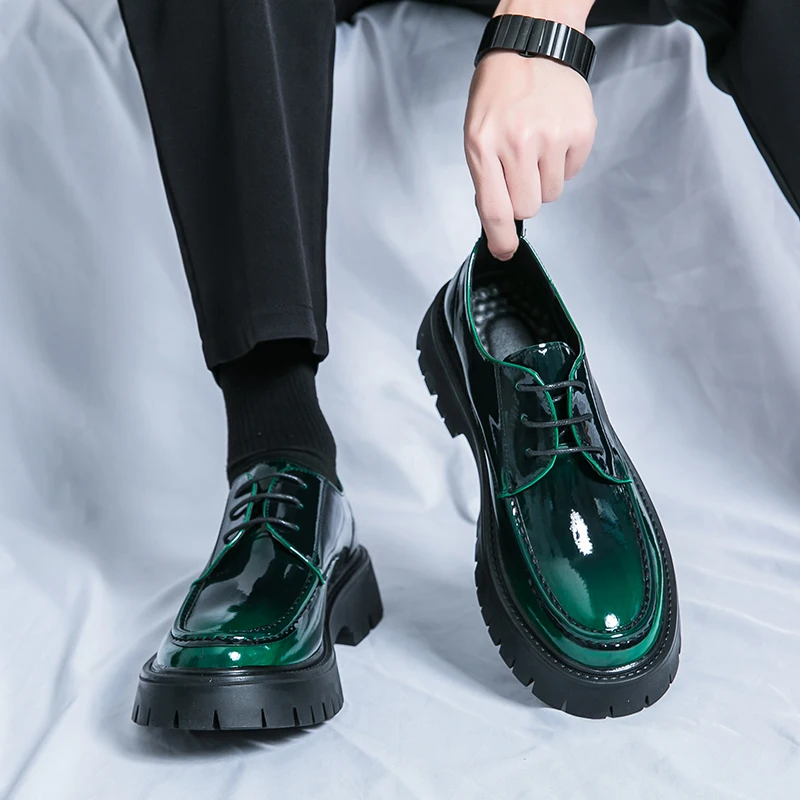 New Big Toe Oxford Shoes Man Thick-soled Wedding Green Formal Business Shoes Patent Leather Lace-up Heightening Casual Shoes