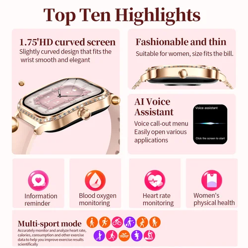 Imagen 2 del producto Nuevo reloj inteligente de lujo para mujer, pantalla HD de 1,75 "", ritmo cardíaco, deporte, Fitness, IP68, resistente al agua, Bluetooth, llamada, reloj inteligente para regalo de mujer