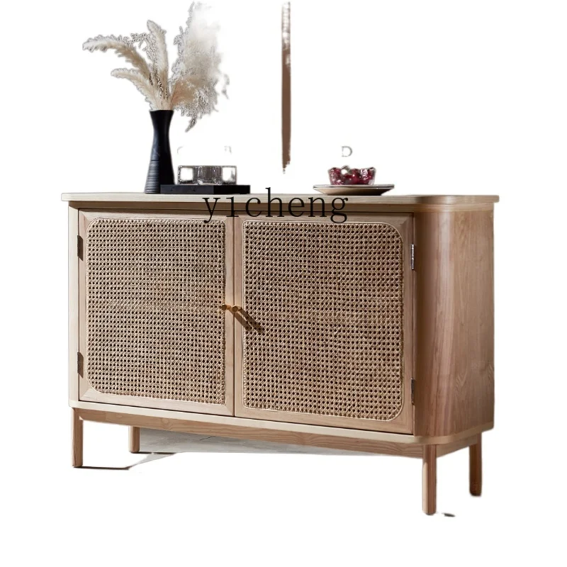 

ZC Log Style Rattan Sideboard Cabinet Simple Modern Tea Cabinet Integrated Wall Storage Cabinet