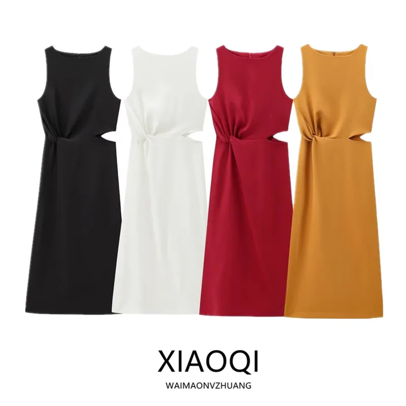 فستان أسود أنيق طويل غير متماثل مجموعة خريف جديدة موضة نسائية مكشوفة الظهر وفتحة الخصر بدون أكمام رقبة مستديرة