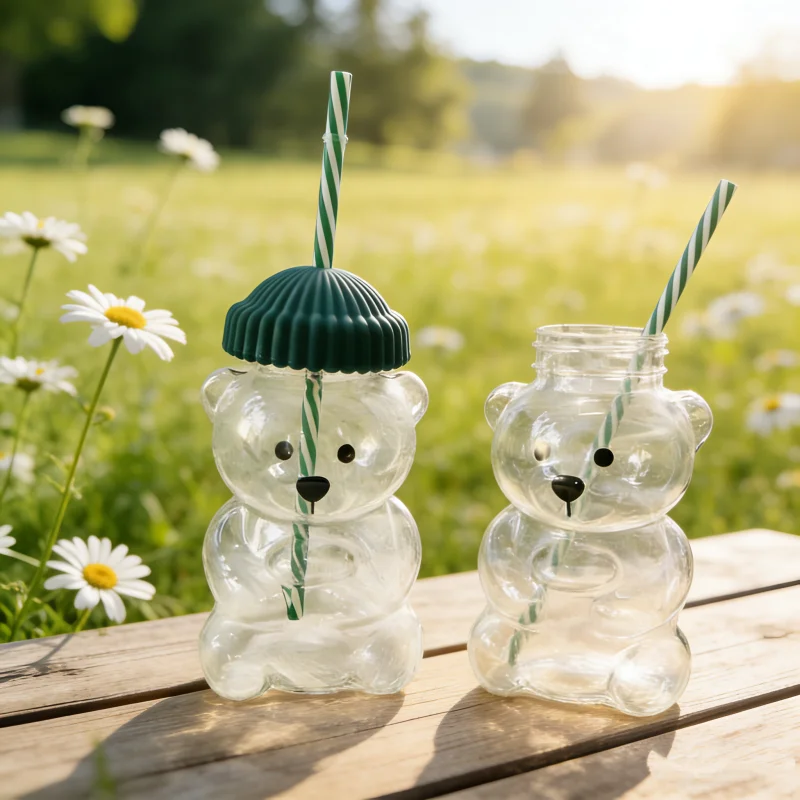 

500ML Cartoon Bear Shaped Glass Cup 2025: Adorable Mug with Straw for Coffee & Drinks