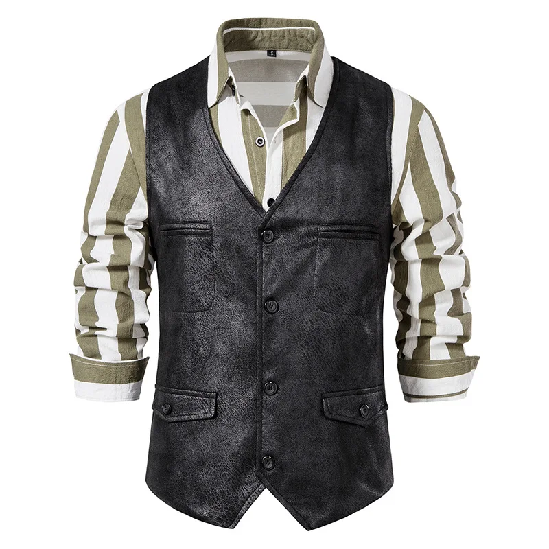 Mens Vintage Suede Leather Suit Vest Casual Western Cowboy Waistcoat Vests Men Formal Business Party Prom Wedding Gilet Homme