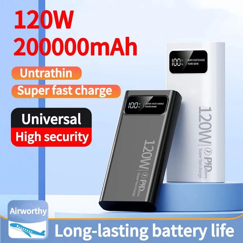 120W 200000mAh Power Bank Super Fast Charging Powerbank Portable Ultralarge Capacity External Battery With LED Digital Display