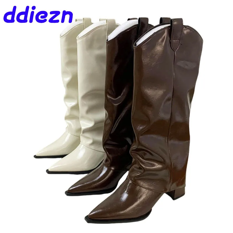 New Fashion Pointed Toe Ladies Modern Long Booties With Heels Female Pumps Shoes Footwear Designer Women Knee High Chelsea Boots