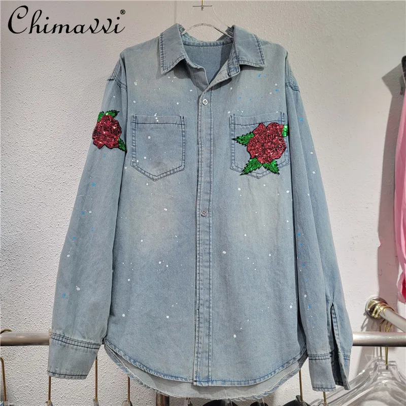 European Station 2024 Autumn Clothes New Fashion Graffiti Denim Shirt Blouse Women's Loose Streetwear Sequin Shirts Denim Coat