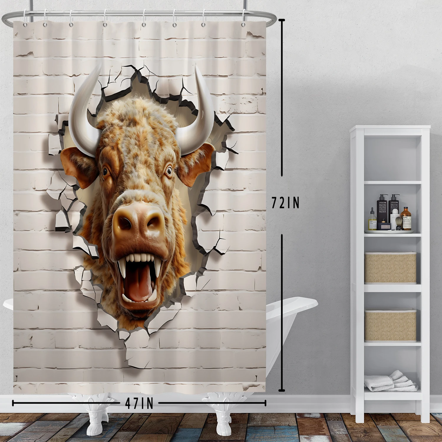 Highland Bull Shower Curtains Rural Farmhouse Fierce Cow That Break Through Brick Wall Bath Partition Waterproof Hanging Curtain