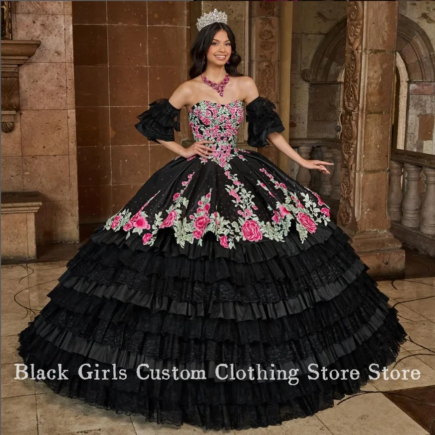 Robe Quinceanera corset en dentelle brodée florale 3D, robe de princesse mexicaine gonflée, robe de Rhnoire élégante, chérie de luxe