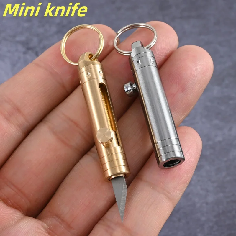 Mini Brass Retractable Knife Gift Pocket Knife Dismantling Express Tool Push-pull Automatic Key Chain Pendant Paper Cutter