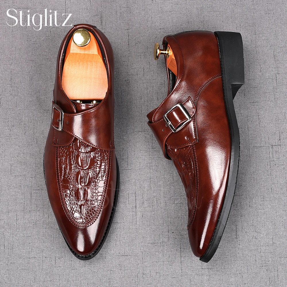 

Faux Crocodile Leather Monk Shoes for Men Metal Buckle Slip On Men's Dress Shoes British Style Luxury Handmade Shoes for Wedding