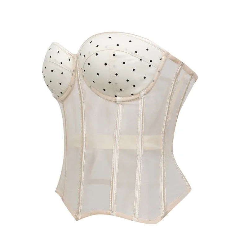 Women Polka Dot Sheer Mesh Overbust Corset Bustier Strapless Boned Body Shaper Slim Corset Top For Party Club Lingerie
