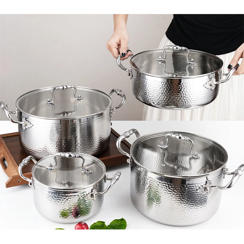

KEGNQ Hammer Pattern Soup Pot Non-stick Stock Pot 316 Stainless Steel Kitchen Cookware Set for Cooking Stock Pots