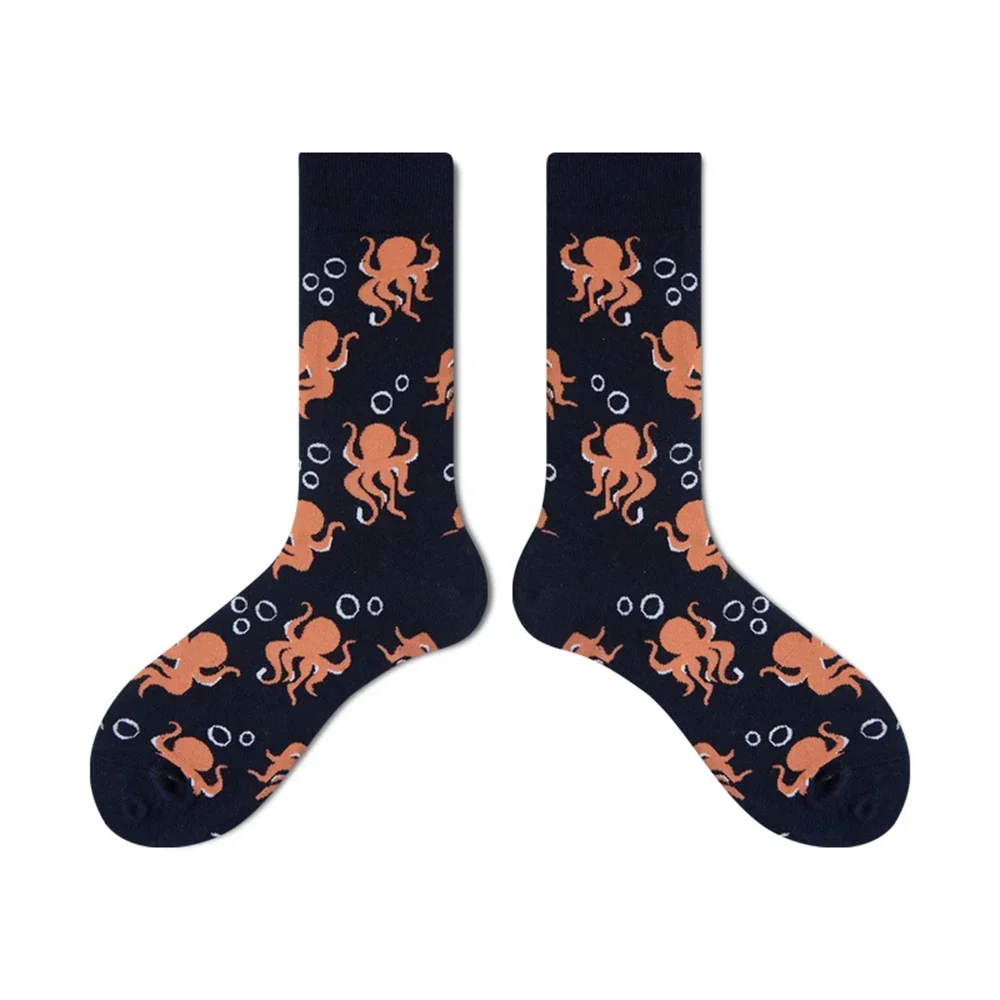 2 Pairs Men and Women's Cotton Thick Soft Retro Socks, Warm and Happy Penguin Monkey Octopus Cartoon Novelty Xmas Gift view 3
