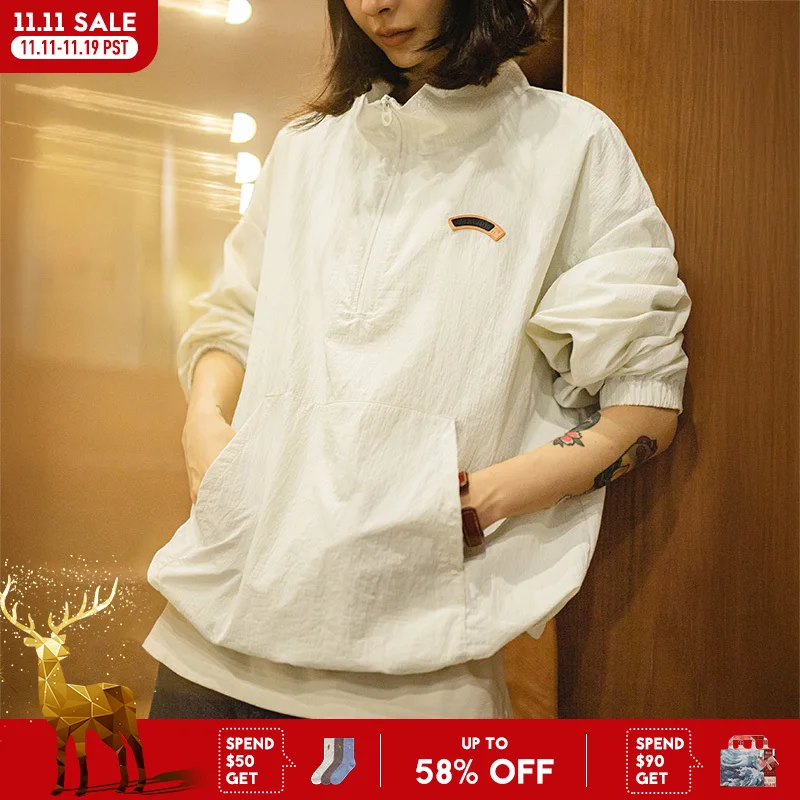 Maden femme Vintage demi-fermeture éclair col montant pull veste Cityboy extérieur sweat à capuche décontracté sport urbain Streetwear