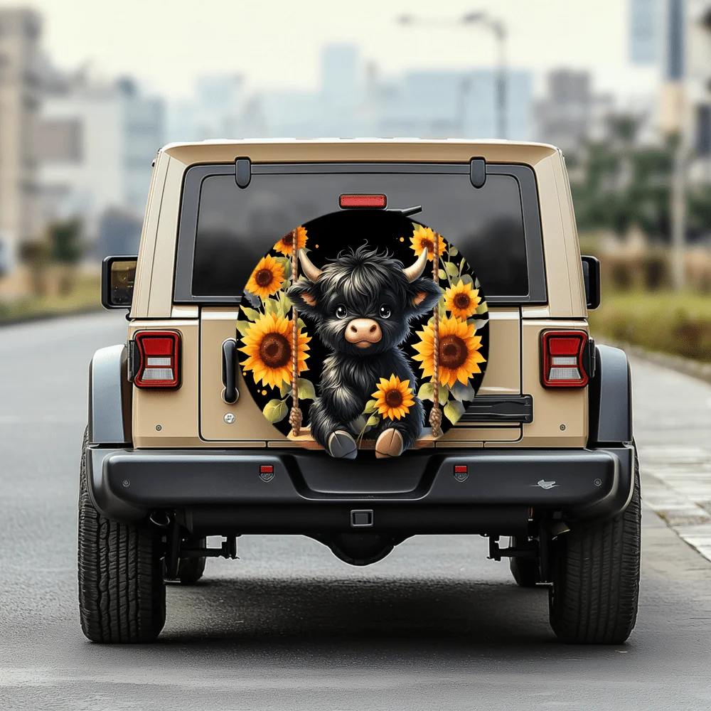 Cute Black Cow On A Sunflower Swing Pattern | 30/34 Inch Multi-Functional Tire Cover, Suitable For Jeeps, Trailers, RVs, Off-Roa