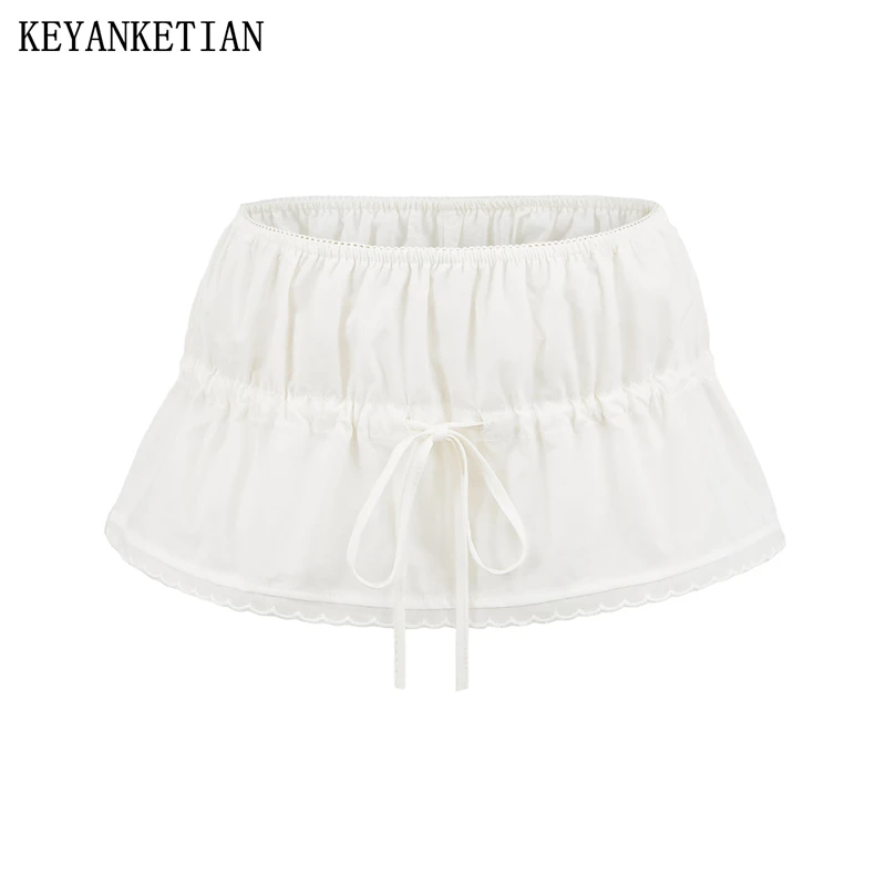 KEYANKETIAN 2025 New Y2K Women's Lace Decoration Mini Skirt Hot sweet Elastic Low Waist Drawstring Design White A Line Pantskirt