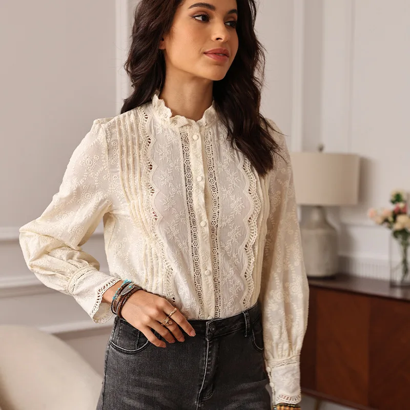 

2025 Fashion French Cotton Lace Stitching Top Shirt Women's Long Sleeve Stand Collar Temperament Elegant Shirt