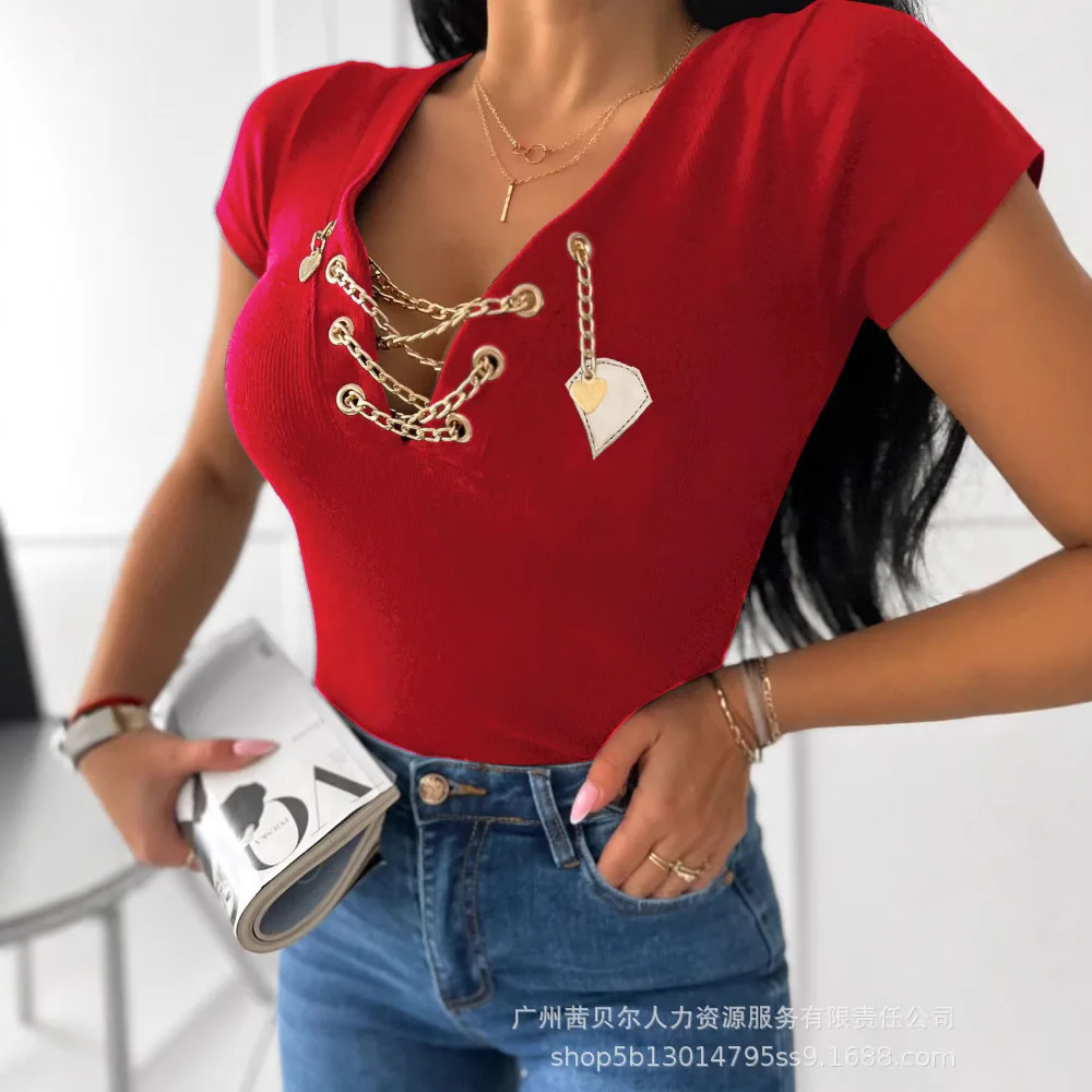 

Women Tops V Neck Short Sleeve Spliced Solid Pullover Slim Fit Sexy Summer Sheath Casual T Shirts Slight Strech 2025 Chains