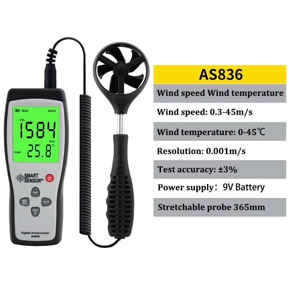 Anémomètre numérique SMART GENSOR AS836, jauge de débit d'air, compteur de vitesse du vent, température 0.3-45, anémomètre mumental, capteur de vent