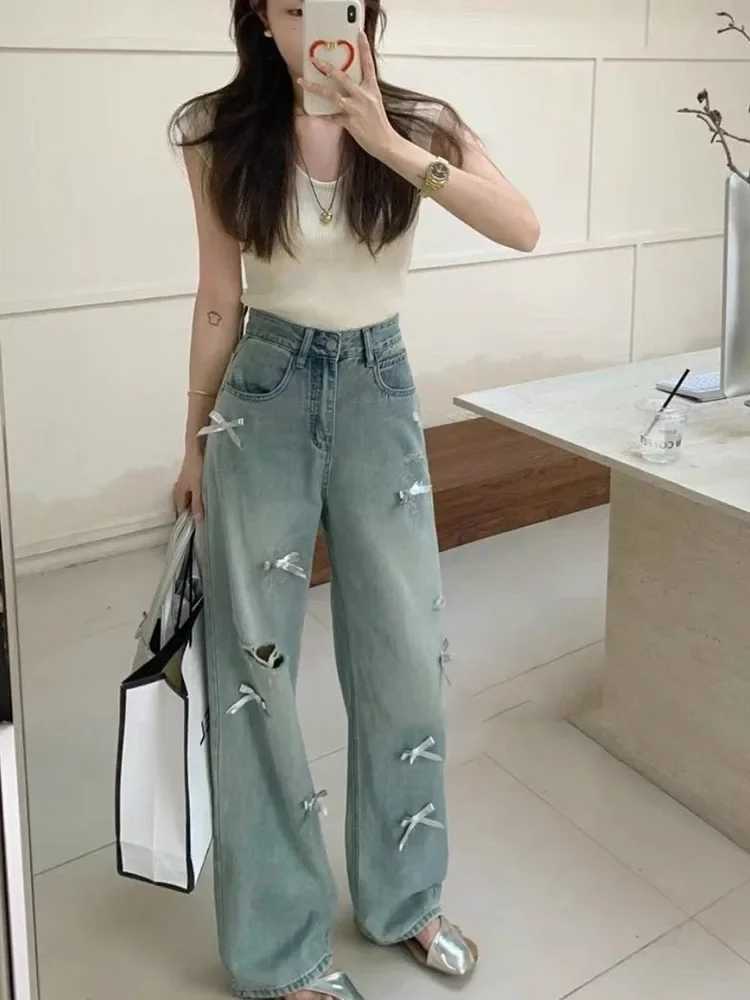 

Sweet Girl Retro Bow 3D Design with Perforated Wide Legged Jeans Spring and Summer Thin High Waist Casual Straight Floor Pants