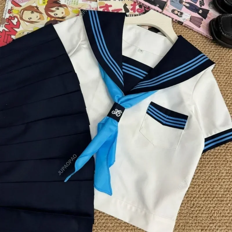 Japanese School Girl JK Uniform Skirts Suit Women Girl Bow Sailor Blouses Pleated Short Skirt Sailor Uniform JK Navy Costumes-BC