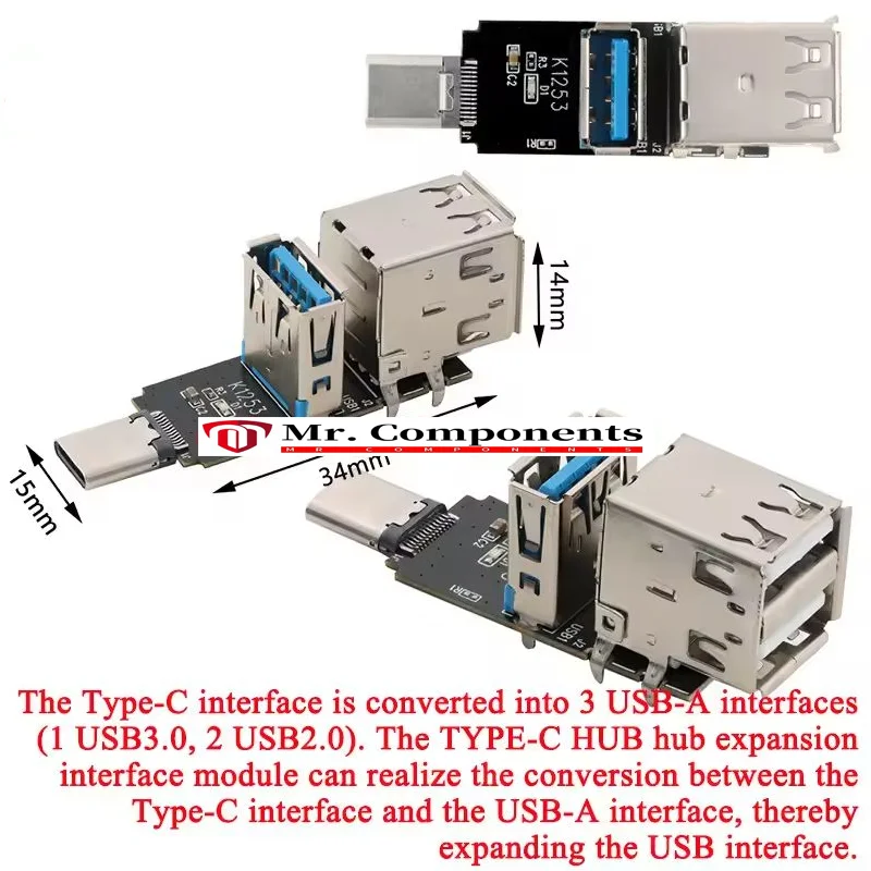 TYPE-C to 1-Port USB 3.0 and 2-Port USB 2.0 Expansion Module TYPE-C HUB Multi-Port Expansion Splitter Board TypeC Turn USB-A