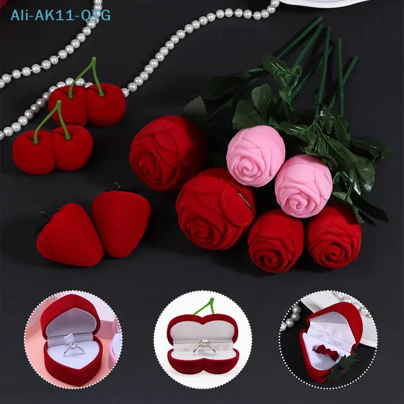 

1/2 шт. Романтическая бархатная коробка для колец в форме сердца с розами и клубникой, футляр для ювелирных украшений, подарочная коробка на День святого Валентина, Рождество, свадьбу