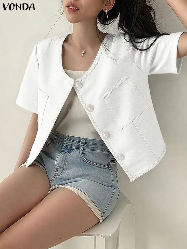 

VONDA Summer Women Shirts 2025 Short Sleeve Cardigans Buttons Solid Color Elegant Office Lady Tops Blouse Fashion Blusas Femme