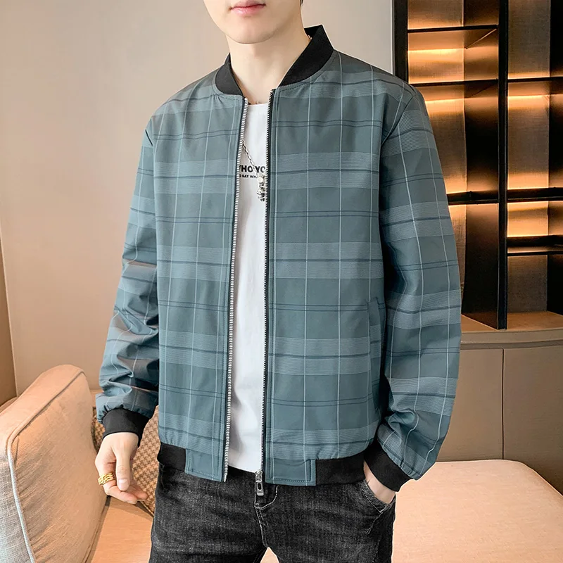 

Fashion Stand Collar Zipper Pockets Printed Plaid Jackets Men Clothing 2024 Spring Autumn New Loose All-match Tops Casual Coats