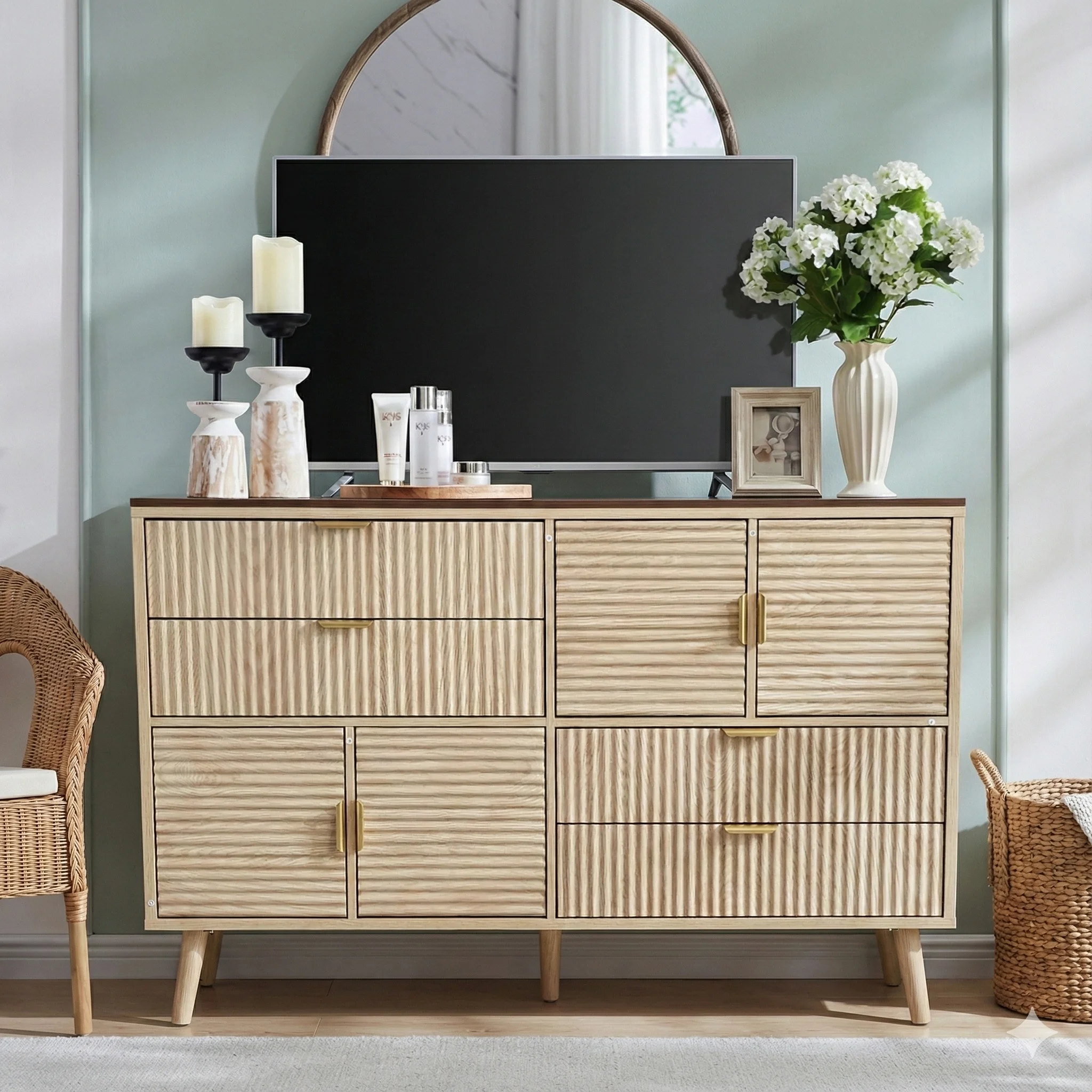 Modern multi-functional grooved wooden four-drawer four-door dresser with metal handle