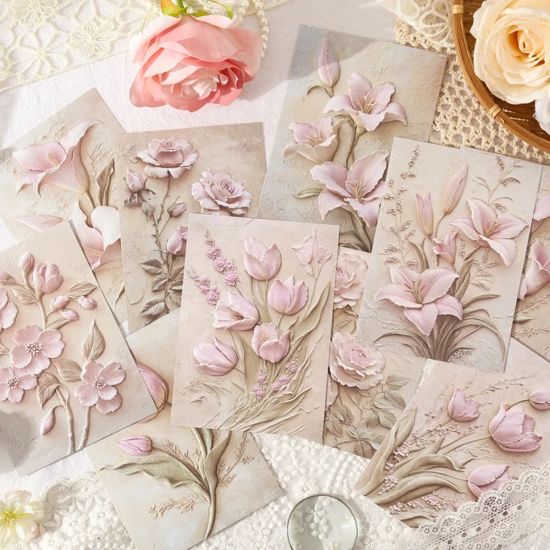 10 Stück Vintage-Blumen, geprägtes Materialpapier, dekoratives Handkonto, Tagebuch, Scrapbooking, Hintergrundpapier