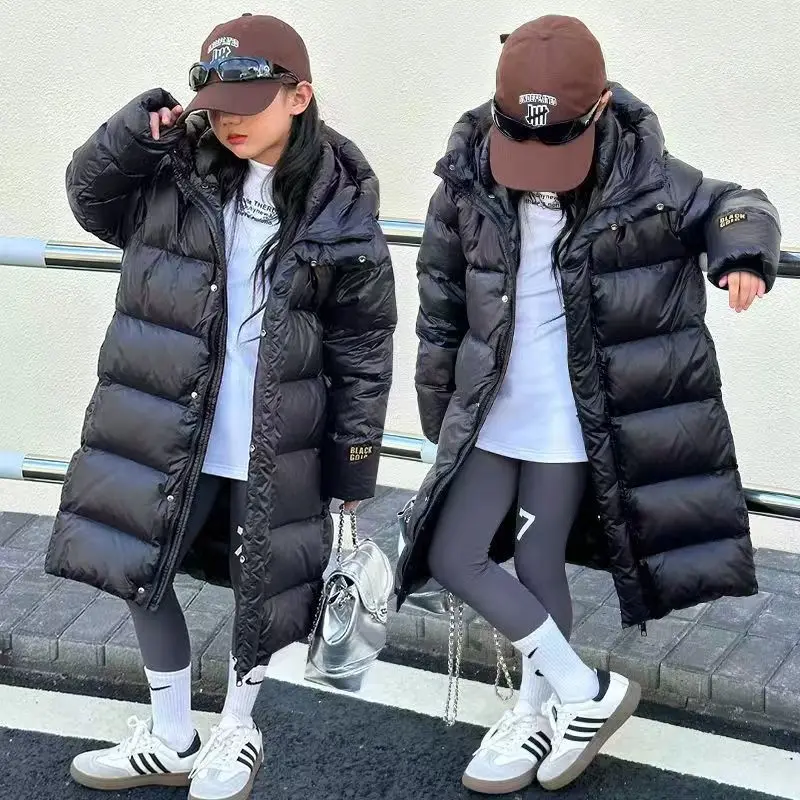 Winter 4-12Y Girl Long Down Jacket Black Thicken Letter Label Kid Girl Outerwear Normcore Windproof Warm Children Girl Snow Coat