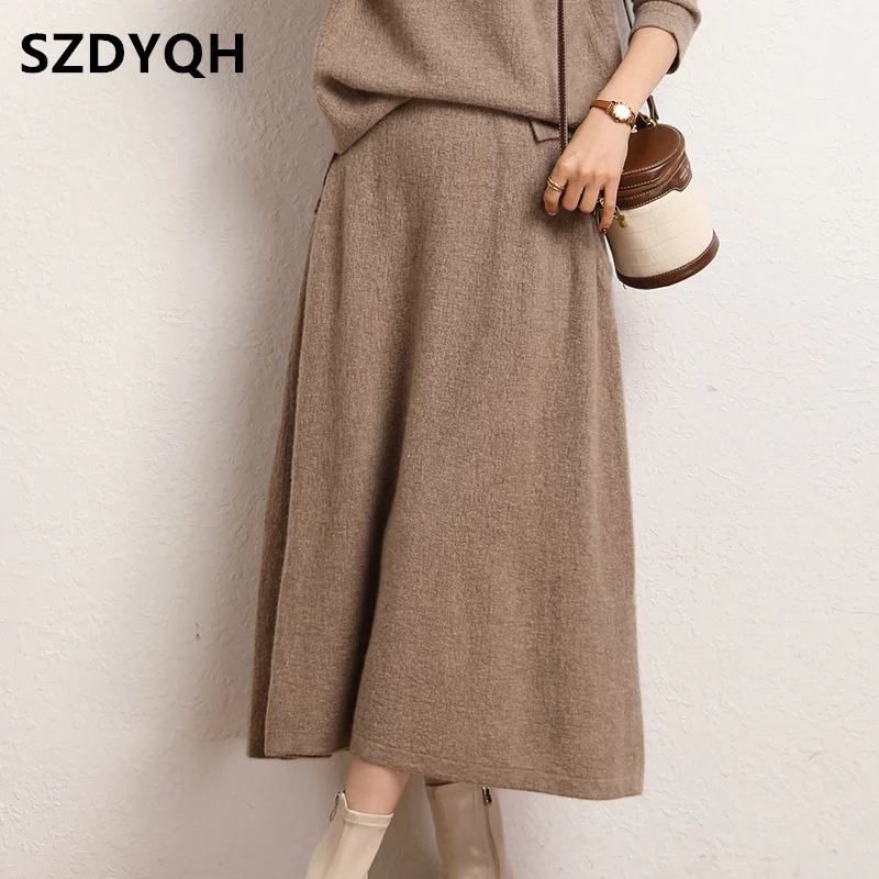 High-end 2023 Autumn and Winter New 100% Cashmere Skirt Women\'s High Waist Skirt Female Fashion Solid Color A Word Knit Skirts