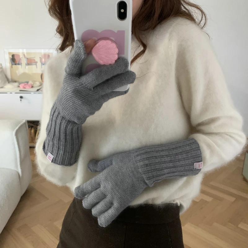 Solid Color Woolen Knitted Korean Style Labeling Gloves Finger Exposed Touch Screen Cold-Proof Harajuku Style Autumn and Winter