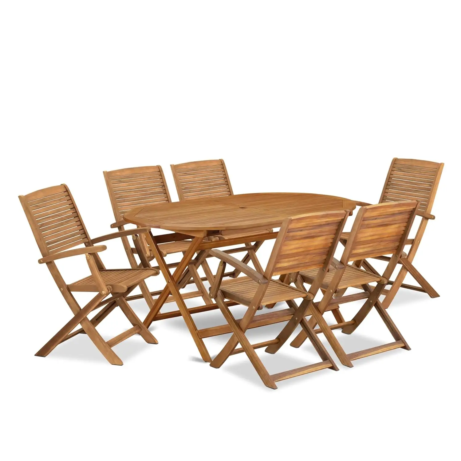 Acacia Wood Patio Dining Set Oval Table & 6 Folding Arm Chairs 36x60 Inch Natural Oil Finish, Customized