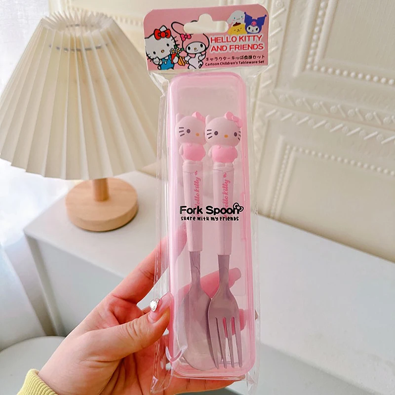 2Pcs Anime Sanrio Figure Stainless Steel Spoon Fork Hello Kitty Kuromi Melody Cartoon Cutlery Spoon Fork Tableware Box Kids Gift