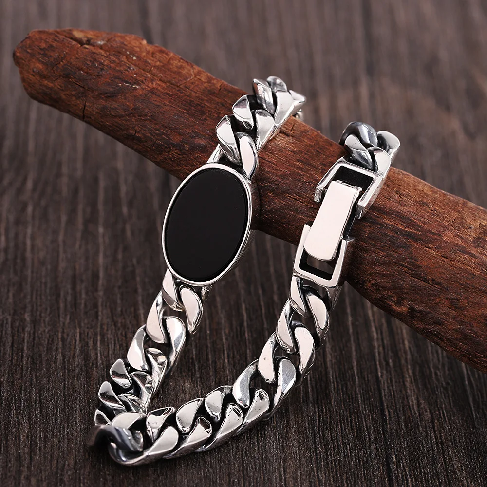 HX Silver Color High-end European and American Trendy Men\'s Inlaid Black Stone Bracelet Simple Fashion Jewelry