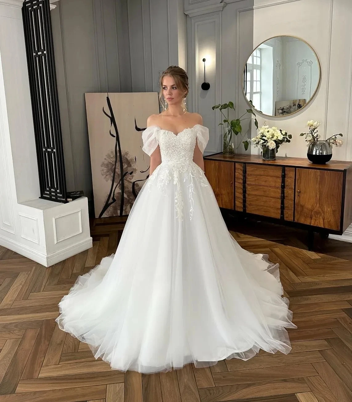 Abito da sposa a trapezio con maniche a sbuffo con spalle scoperte Sexy di moda classica elegante decalcomania abito da sposa da spiaggia con colletto a cuore 2024