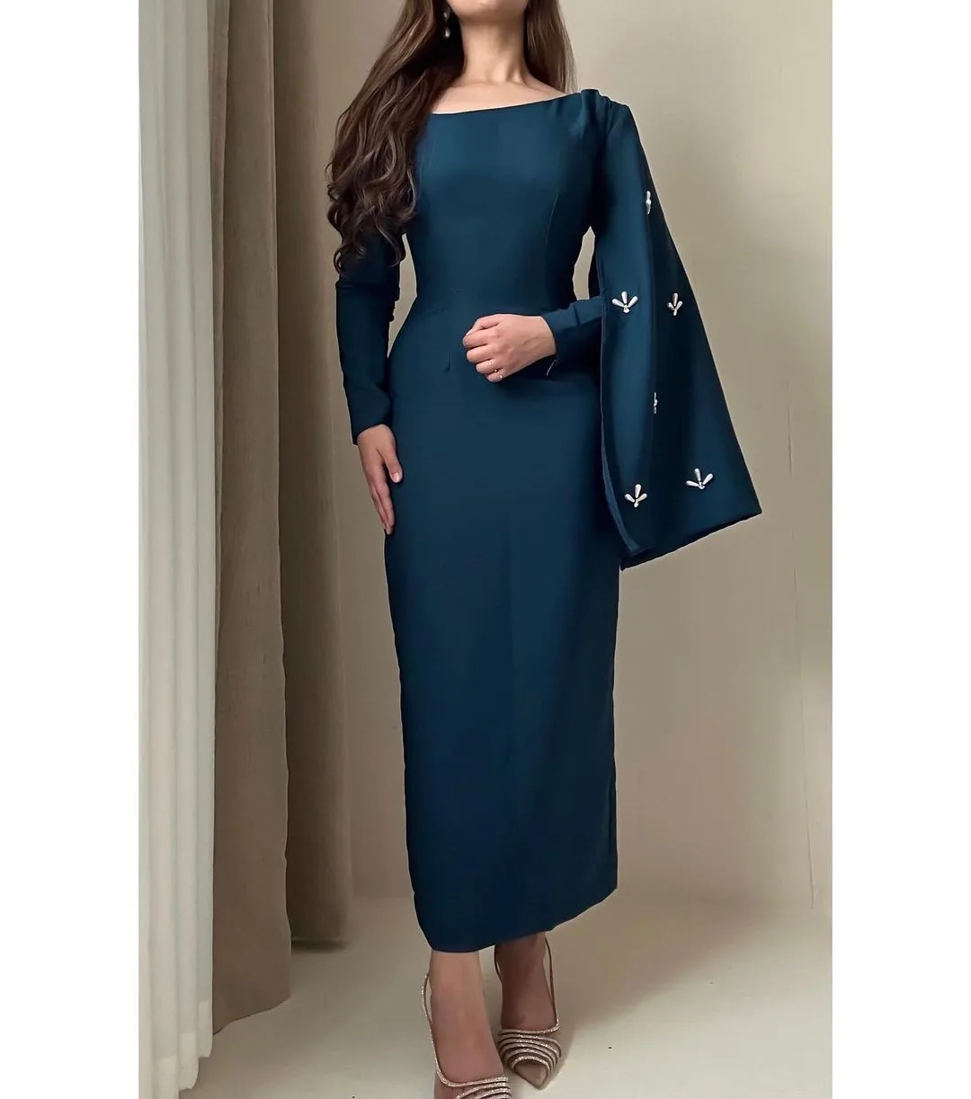 

Elegant Long Sleeves Prom Dresses One Shoulder Ankle Length Pleated Beadings Party Dresses Evening Dresses