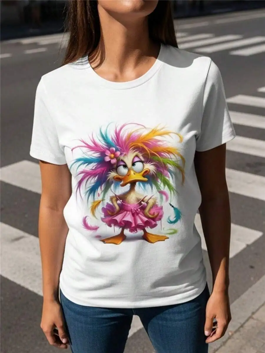 Women's Colorful Cartoon Duck Graphic T-Shirt Cute Rainbow Feather Duck In Pink Tutu Casual Summer Short Sleeve Tee Funny Animal Print Streetwear Top