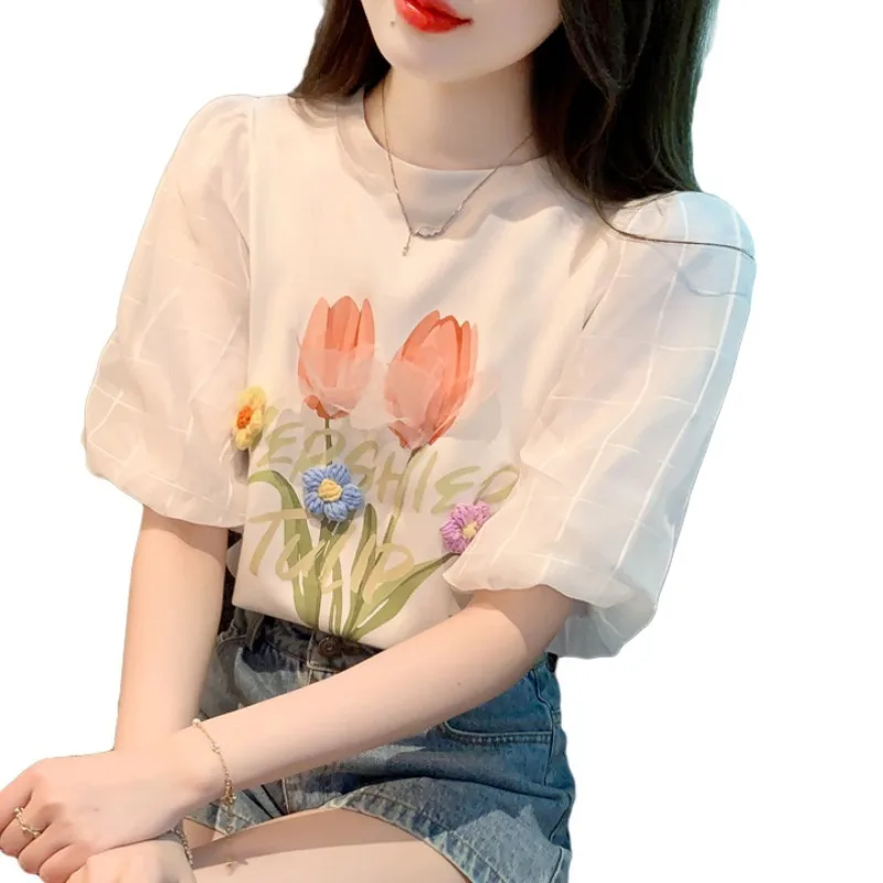 Women\'s Cozy Cotton Summer T Shirt 2023 Korean Student Casual Loose O-Neck Bowknot Lace Puff Sleeve Tops Lady Graceful Pullover