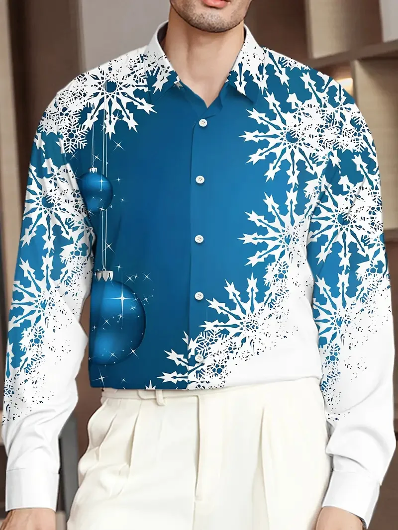 

Christmas Fashion Men's Long Sleeve Shirt Casual Outdoor Cosy Lapel Button Long Sleeve Shirt Snowflake New Men's Top