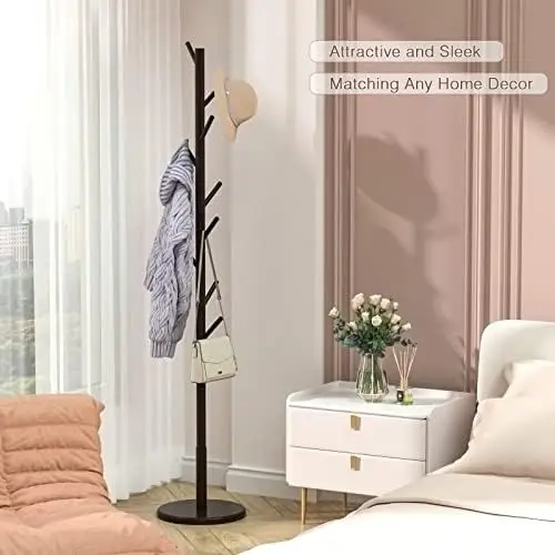 Wooden Freestanding Coat Tree with 4 Height Options and 9 Hooks, Sturdy Coat Rack Stand for Clothes/Bags/Hats USA NEW